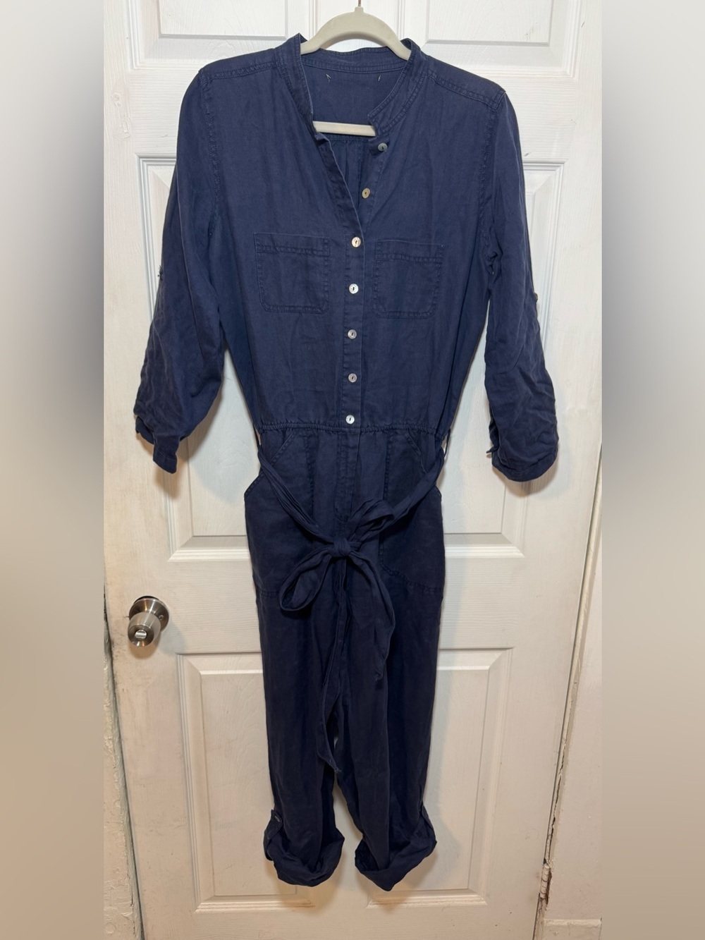 Chelsea & Violet Linen Navy Guerilla Giesha Jumpsuit Rolltab Sleeves & Pants
